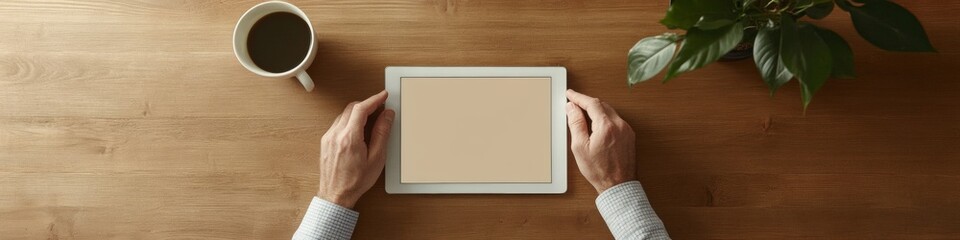 Fototapete - Minimalist Data Visualization on Digital Tablet Wooden Desktop with Coffee, Business Analytics for Modern Professionals in Tech-Savvy Financial Decision-Making