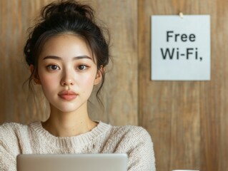 Aufkleber - Minimalist Urban Cybersecurity Young Asian Woman Using Laptop in Cozy Cafe with Wood Texture - IT Security and Online Privacy Solutions for Modern Professionals