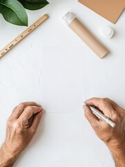 Poster - Minimalist Workspace Ethos Hands Drafting on White Paper with Measuring Tools and Organic Textures - Product Ideation and Collaborative Design in Modern Startups