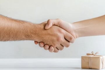 Poster - Modern Office Collaboration Professional Handshake Over a Minimalist Desk with Gift - Enhancing Business Partnerships and Client Appreciation in Corporate Environments