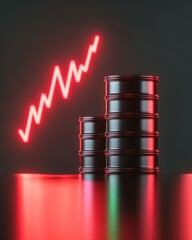 Leinwandbilder - Contemporary Oil Market Visualization Sleek Black Barrels on Reflective Surface with Dynamic Financial Chart - Energy Analytics and Strategic Business Forecasting