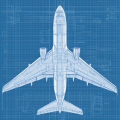 Fototapete - Detailed technical blueprints showcasing an airplane design on blueprint paper. Generative AI