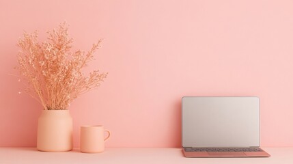 Leinwandbilder - Minimalist Tech Workspace Neutral Laptop with Pastel Planner and Mug Arrangement on Subtle Pink - Contemporary Office Content and Streamlined Workflow for Modern Business Efficiency