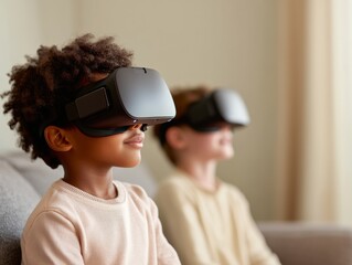 Poster - Immersive Futurist Family VR Multiracial Kids Engaging with Cutting-Edge VR Headsets in Bright Living Room - Modern Entertainment and Interactive Learning Revolution