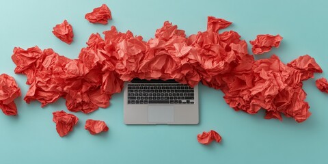 Fototapete - Surreal Blogging Struggles Laptop Amid Crumpled Red Pages on Aqua - Content Creation Dynamics for Digital Freedom and Modern Communication Strategies