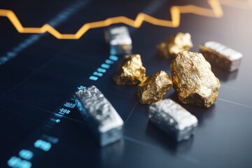 Poster - Metallic Wealth Growth Visualization Gold and Silver with Rising Graph on Digital Blue Backdrop - Investment Strategy and Corporate Financial Innovation