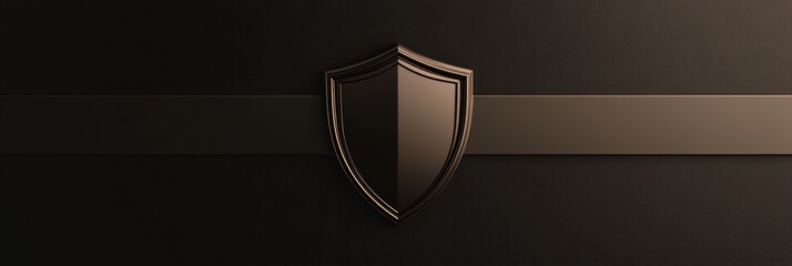 Fototapete - Dark shield emblem displayed on a sleek black background with smooth lines and a minimalist design, emphasizing strength and protection. Generative AI