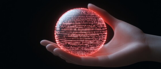 Poster - Holographic Digital Interface Futuristic Hand-Held Data Sphere in Neon Aesthetic - Cutting-Edge Tech Innovation and AI Symbiosis for Modern Business Solutions