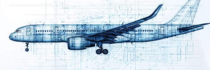 Fototapete - Technical blueprints illustrating the design and structural layout of an airplane in detailed schematic form. Generative AI