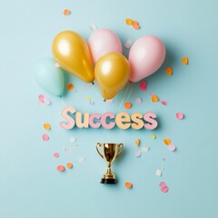 Poster - Playful Celebration Display Colorful Balloons and Gold Trophy on Gradient Blue - Motivational Content for Digital Marketing and Social Media Engagement