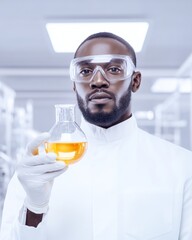 Aufkleber - Sustainable Fuel Innovation African Scientist with Biofuel Beaker in Minimalist Lab - Green Energy Solutions for Eco-Friendly Business Applications