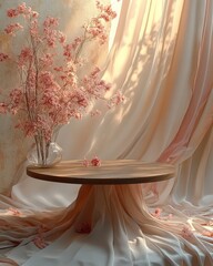 Wall Mural - Pink flowers, wooden table, fabric backdrop, sunlight