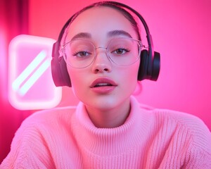 Aufkleber - Neon Gamer Aesthetic Latina Teen in Pink LED Room Streaming Games with Pro Mic - Modern Lifestyle Tech for Youth Engagement and Digital Marketing