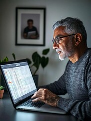Poster - Modern Home Office Aesthetic Indian Man in 40s Analyzing Digital Financial Spreadsheet - Remote Work Design for Personal Finance and Budgeting in Tech-Driven Lifestyle