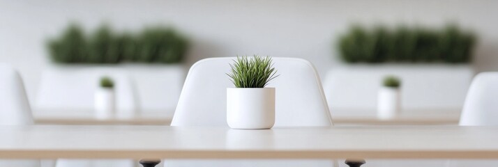 Poster - Minimalist Office Decor Modern White Planters with Greenery on Sleek Desks - Eco-Friendly Workspace Design Enhancing Productivity and Aesthetic Appeal