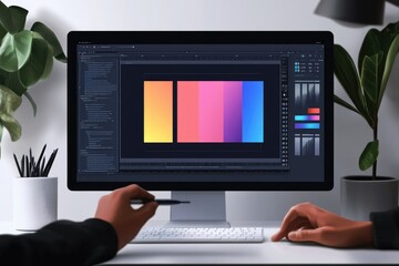 A person works on a computer, designing a color palette with gradient shades, using a digital design software.