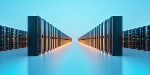 Poster - Hyper-Modern Data Center Aesthetic Sleek Server Rack Network with Organized Cabling and Cooling - Cutting-Edge IT Infrastructure for Business Innovation and Digital Transformation
