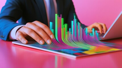 Aufkleber - Vibrant Digital Workspace Business Professional Using Colorful Data Visualization Graph on Laptop - Cutting-Edge Analytics for Modern Remote Productivity and Tech-Driven Insights