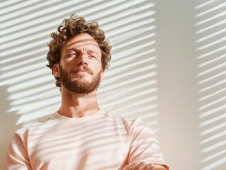 Aufkleber - Warm Minimalist Home Automation Caucasian Man Using Smart Speaker to Control Natural Light Through Modern Blinds - Optimizing Digital Living in Residential Spaces
