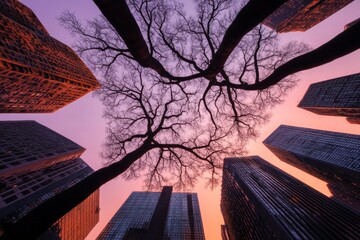 Poster - Fractal Urban Architecture Bio-Inspired Skyscrapers with Dramatic Tree Canopy at Dusk - Sustainable Design and Future of Cityscapes for Innovative Urban Planning