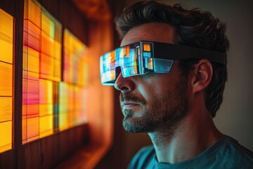 Wall Mural - Man wearing futuristic AR glasses, experiencing vibrant, colorful augmented reality interface.