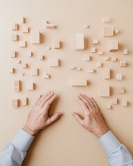 Poster - Minimalist Architectural Blueprint Wooden Model Blocks on Neutral Backdrop - Innovative Commercial Design and Precision Engineering for Modern Architectural Planning