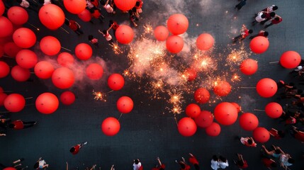 Poster - Festive Cultural Celebration Overhead View of Children with Sparklers and Red Lanterns - Dynamic Visual Content for Vibrant Marketing and Social Media Engagement
