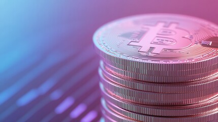 Fototapete - Neon Crypto Aesthetic Stacked Gold and Silver Circuit-Engraved Coins by Digital Grid - Cutting-edge Fintech Visuals for Blockchain Marketing and Tech Innovation