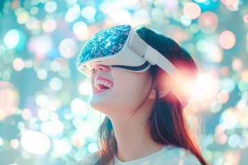 Poster - Immersive VR Experience Young Asian Woman in Futuristic Tech Surroundings with Digital Holographic Display - Engaging Content for EdTech and Consumer Electronics Marketing