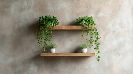 Poster - Biophilic Modern Workspace Wall-Mounted Wooden Plant Shelf with Trailing Ivy and Air Plants - Ergonomic Productivity Design for Contemporary Home Offices