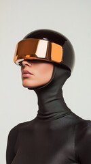 Aufkleber - Futuristic Tech Aesthetic Sleek Black VR Helmet with Orange Visor on Model - Cutting-Edge Retail Display and High-Tech Marketing for the Gaming and Entertainment Industry