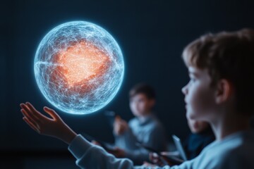 Aufkleber - Futuristic STEM Class Holographic Globe and Tablets in Blue LED Interior - Revolutionizing Teen Education with Interactive Tech and Engaging Digital Learning Tools