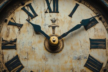 Fototapete - Vintage clock face displaying traditional Roman numerals with worn paint and an intricate design. Generative AI