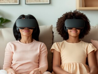 Aufkleber - Immersive VR Family Experience Warm Textile Seating in Futuristic Living Space - Engaging Home Entertainment and Diverse Digital Exploration for Modern Families