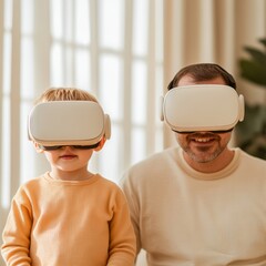 Aufkleber - Modern Tech Bonding Father and Son Share VR Adventure in Bright Living Room - Engaging Family Experience and Interactive Gaming for Home Entertainment