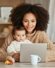 Fototapete - Warm Minimalist Home Office Young Black Working Mom Multitasking with Laptop and Toddler - Modern Lifestyle and Family-Friendly Remote Work Visual for Digital Marketing