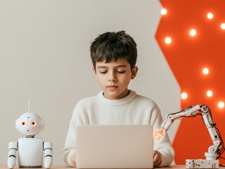 Aufkleber - Modern STEM Workspace Tech-Savvy Indian Teen with Robotic Arm Kit and Laptop - Empowering Digital Skills in Cozy Learning Environments for Future Innovation and Startup Culture