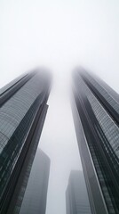 Aufkleber - Fog-Cloaked Korean Skyscrapers Sleek Glass Architecture and Urban Design Trends - Commercial Real Estate and Eco-Friendly Skyline in Modern Marketing