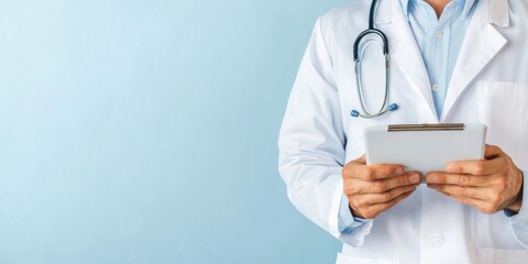 Leinwandbilder - Minimalist Medical Technology Male Lab Technician with Digital Tablet in High-Tech Lab - Advanced Diagnostic Innovation for Healthcare Efficiency and Data-Driven Analysis
