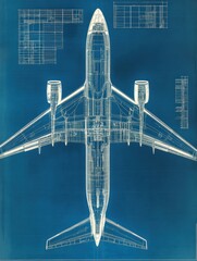 Fototapete - Technical blueprints showcasing detailed design of an airplane from a top view. Generative AI