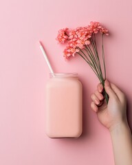 Aufkleber - Pastel Minimalism Hand Holding Flowers Next to Pink Drink Jar - Modern Lifestyle and Aesthetic Beverage Branding in Trendy Design