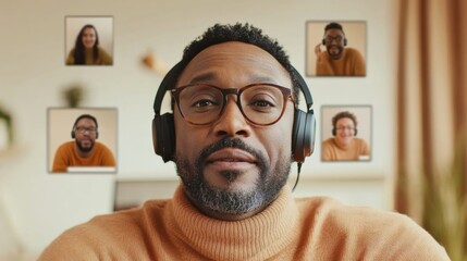 Poster - Contemporary Remote Mentorship Diverse Zoom Call with Middle-Aged Black Man in Cozy Textured Knitwear - Virtual Networking and Educational Consulting