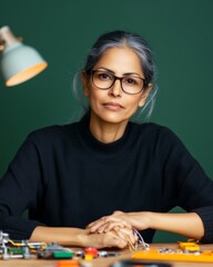 Fototapete - Craftsmans Robotics Aesthetic Middle-Aged South Asian Woman with DIY Robot Kit at Wooden Desk - Modern Home Innovation and Creative Learning