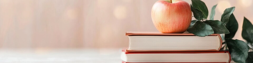 Poster - Aesthetic Reading Nook Modern Open Books and Red Apple on Wooden Surface - Inspiring Knowledge Design for Educational Marketing and Creative Learning Spaces