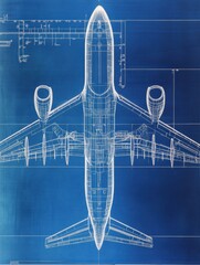 Fototapete - Detailed technical blueprints showcasing the design and layout of an airplane on a blue background. Generative AI