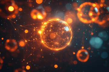 Fototapete - A glowing sphere connected by lines of light in a dark space with bokeh effects.