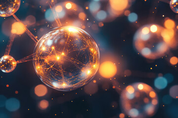 Aufkleber - Glowing spheres interconnected by luminous lines, depicting a network or molecular structure in a dark background.