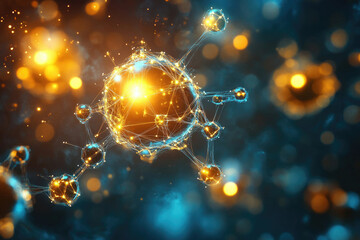 Fototapete - Abstract representation of a molecule or network, glowing nodes interconnected by lines against a bokeh background.
