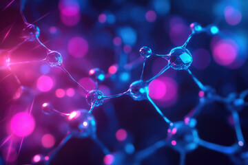 Fototapete - Abstract representation of a molecule structure with glowing nodes, illuminated in vibrant pink and blue hues.