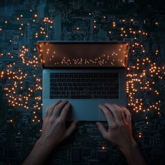 Fototapete - Neon-Circuit Tech Freelance Programmer on Laptop with Glowing Circuit Board - Futuristic Software Development and Digital Innovation for Creative Problem-Solving in Tech Industry